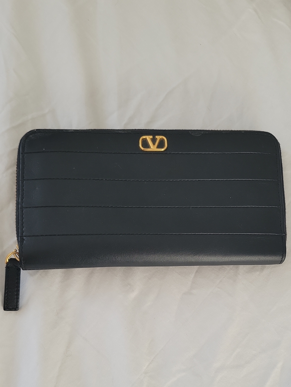 Valentino Garavani Black Quilted Leather Zip-Around Wallet with Gold V Logo